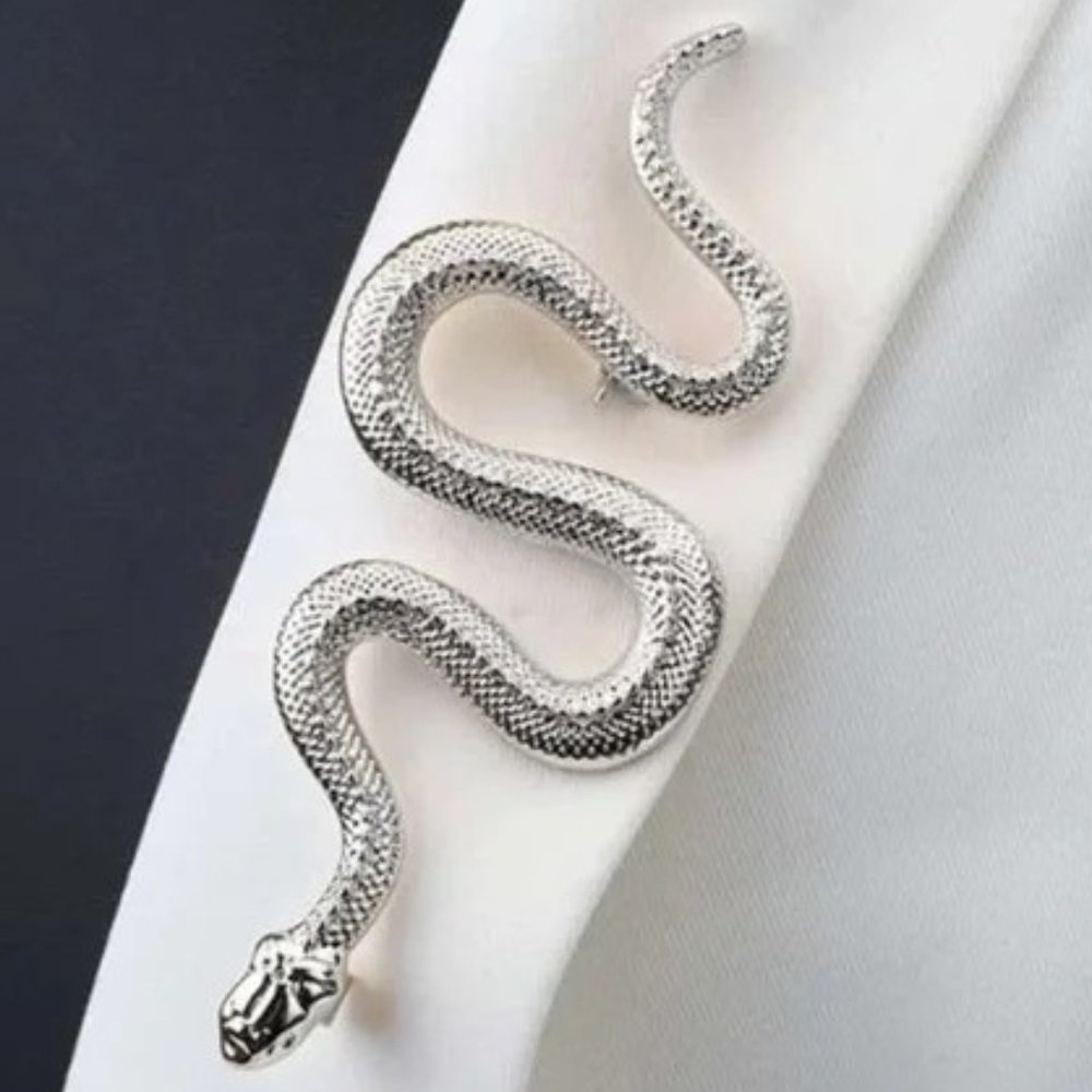 Snake Brooch Reptile Serpent Stylish Silver Sleek Trendy Glam Statement Fun Bold